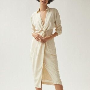Anthropologie V-Neck Knot Front Midi Dress Ivory Women Sz 0/2
